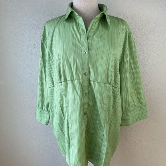 DCC Woman Green and Metallic Pinstriped Button Down Shirt Size 1X EUC - Picture 3 of 7